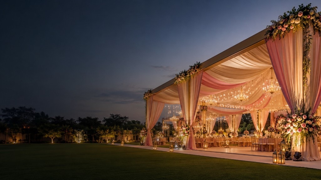Luxury wedding tent at dusk